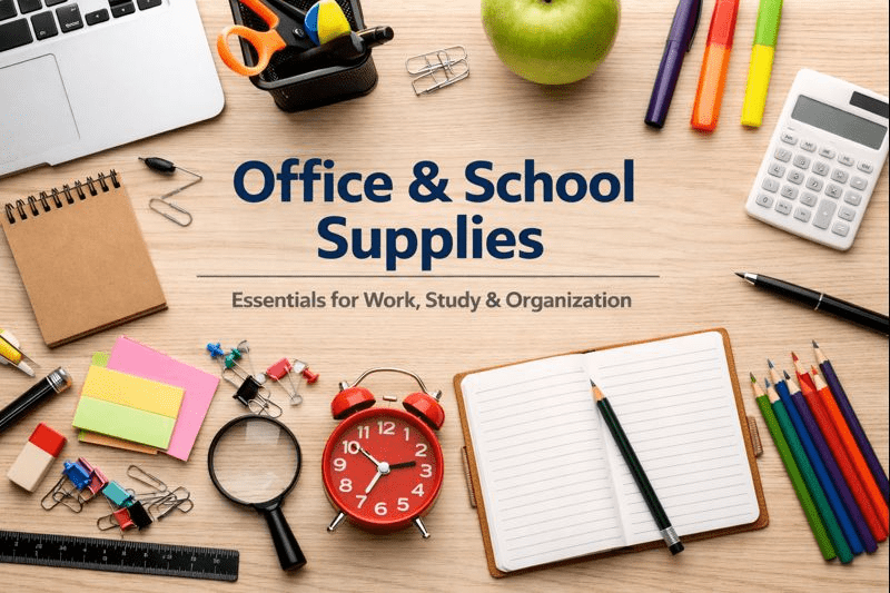 Colorful office and school supplies with notebooks, pens, paper clips, and study essentials on a workspace