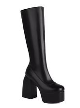 Women's Black Red Platform Under Knee Boots Stacked High Heeled Boots Round Toe