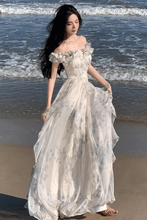 Maxi Dress Women Bohemian Print French Elegant Ruffle Strap A-Line Beach Holiday Party Long Dress