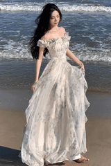 Maxi Dress Women Bohemian Print French Elegant Ruffle Strap A-Line Beach Holiday Party Long Dress