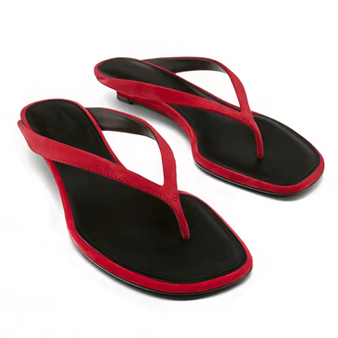 Black and red flip-flops on a white background