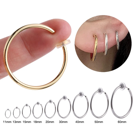 Gold hoop earring held by a hand with close-up inset, followed by a row of silver hoop earrings.
