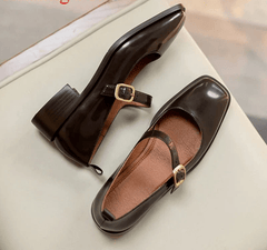Pumps Women Genuine Leather Square Toe Med Heel Buckle Strap Mary Jane Dress Shoes