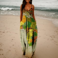 Plus Size Map Print Maxi Dress Women Sleeveless Lapel Casual Long Fashion Dress L-5XL