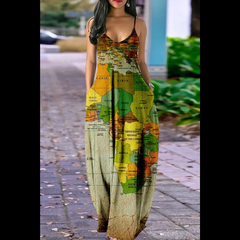 Plus Size Map Print Maxi Dress Women Sleeveless Lapel Casual Long Fashion Dress L-5XL