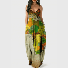Plus Size Map Print Maxi Dress Women Sleeveless Lapel Casual Long Fashion Dress L-5XL