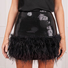 High Waist Sequin Feather Trim Mini Skirt Women Pink Black Sparkly Club Party Fashion