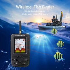 Wireless fish finder with underwater graphics and a person fishing in the background