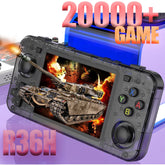 Handheld gaming console with tank game on screen, surrounded by promotional text.