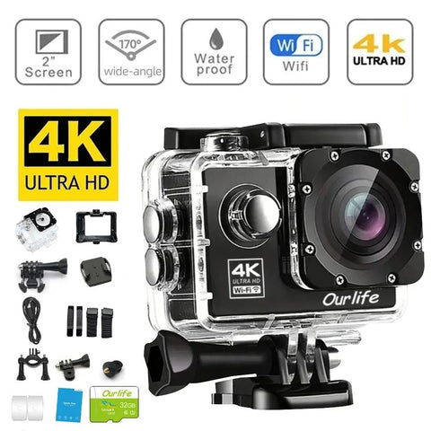 Action camera with accessories on a white background, featuring 4K Ultra HD and Wi-Fi capabilities.