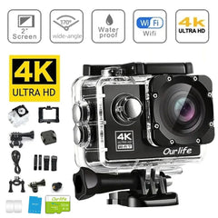 Action camera with accessories on a white background, featuring 4K Ultra HD and Wi-Fi capabilities.
