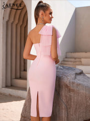 Midi Dress Women One Shoulder Bandage Mesh Bow Elegant Wedding Party Evening Club Runway Inspired Dress