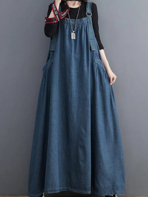 Denim Maxi Dress Women Spaghetti Strap Loose Oversized Ankle-Length Elegant Spring Autumn Fashion