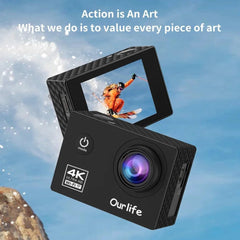 Action camera with a skier on screen against a snowy mountain background