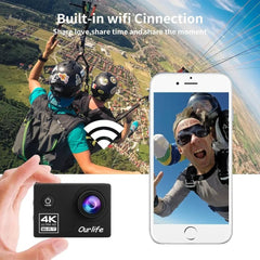 Action camera with 4K resolution, wifi connection, and smartphone displaying action footage with scenic background.