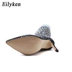Sock Boots Women Crystal Rhinestone Stretch Fabric High Heel Over-The-Knee Pointed Toe Fashion Shoes
