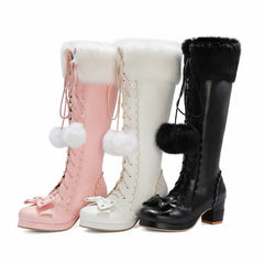 Winter Boots Women High Warm Fur Lolita Princess Lace-Up Bowtie Chunky Heel Side Zipper PU Leather