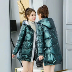 Long Down Parka Women Hooded Thick Padded Shiny Warm Winter Casual Outerwear Fashion