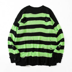 Striped Hollow Out Sweater Women Punk Grunge Distressed Hole Casual Streetwear Fashion Top