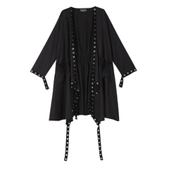 Gothic Ribbon Pleated Coat Women Black Hollow Out Loose Fit Casual Streetwear Outerwear Fashion