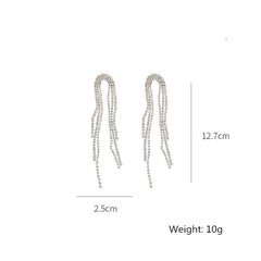 Silver Rhinestone Tassel Earrings Long Drop Crystal Wedding Bride Sparkly Stud Earrings