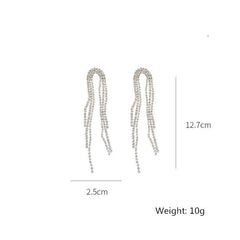 Rhinestone Tassel Drop Earrings Women Silver Long Crystal Sparkly Wedding Bride Jewelry Gift