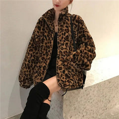 Faux Fur Coat Women Leopard Print Stand-Up Collar Loose Warm Winter Casual Outerwear Fashion