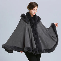 Thick Winter Warm Fur Hooded Shawl Coat For Women Poncho Cape Faux Fur Collar Knitted Cloak Loose Shawl Coat With Hood