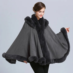 Shawl Coat Women Thick Faux Fur Hooded Poncho Cape Knitted Cloak Loose Warm Winter Outerwear