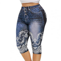 High Waist Faux Denim Print Capri Leggings Women Stretchy Yoga Casual Everyday Fashion Pants