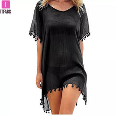 Swimsuit Cover Up Women Chiffon Tassel Loose Solid Beach Wear Bathing Suit Summer Swimwear