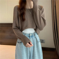 Knit Crop Sweater Women Loose O-Neck Pullover Casual Cozy Everyday Winter Fashion Top