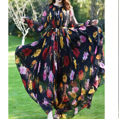 Long Sleeve Floral Printed Maxi Dress Women Loose A-Line Casual Elegant Fashion Dress