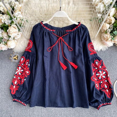 Lantern Sleeve Embroidered Blouse Women Retro V-Neck Casual Elegant Spring Fashion Top