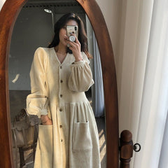 Corduroy Maxi Dress Women Elegant Pocket Vintage Full Sleeve Single Breasted Casual Fashion