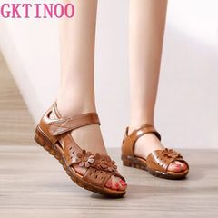 Sandals Women Genuine Leather Peep Toe Low Heel Hook Loop Soft Comfortable Flat Walking Summer Shoes