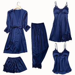 Satin Lace Pajama Set Women 2-5 Piece Night Robe Gown Sleepwear Casual Loungewear Fashion