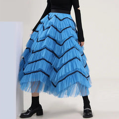 Maxi Skirt Women Blue Ruffle Layered Lace Cake Mesh High Waist Fluffy Dance Party Fashion Skirt