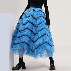 Women's Blue Ruffle Layered Dance Long Skirt Lace Cake Mesh Long Skirt High Waist Fluffy Layered Party Skirts