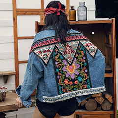 Floral Embroidered Appliqué Denim Jacket Women Long Sleeve Casual Chic Outerwear Fashion