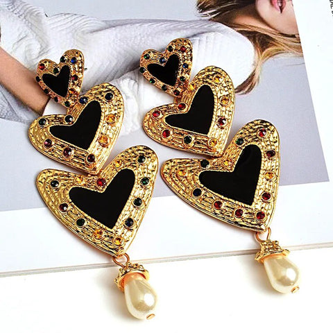 Heart Drop Earrings Women Metal Crystal Long Stud Fashion Jewelry Elegant Gift Accessories