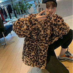 Faux Fur Coat Women Leopard Print Stand-Up Collar Loose Warm Winter Casual Outerwear Fashion