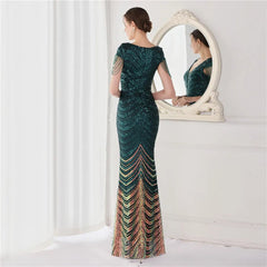 Green Sequin Beaded Mermaid Evening Dress Women V-Neck Cap Sleeve Elegant Prom Wedding Guest