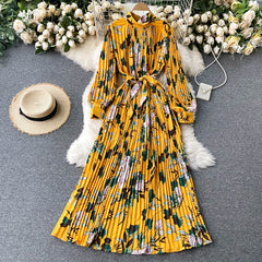 Stand-Up Collar Pleated Maxi Dress Women Retro Printed Long Casual Elegant Fashion Dress