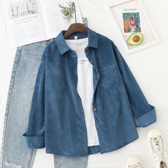 Corduroy Shirt Women Button Down Collar Vintage Style Long Sleeve Casual Fashion Blouse Top