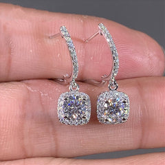 Hoop Earrings Women Cubic Zirconia Dangle White Gold Plated Princess Cut Square Halo CZ Charm