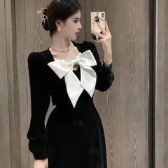 Velvet Puff Sleeve Midi Dress Women Elegant Big Bow Black Evening Gown Party Fashion Dress