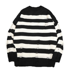 Striped Hollow Out Sweater Women Punk Grunge Distressed Hole Casual Streetwear Fashion Top
