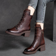 Ankle Boots Women Genuine Leather Square Heel Lace-Up Zipper Warm Casual Autumn Winter Shoes