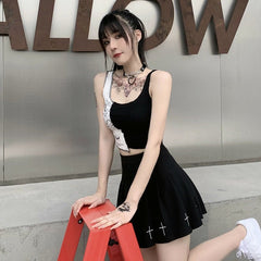 Y2K Patchwork Punk Crop Top Women Gothic Tank Sleeveless Casual Streetwear Fashion Top